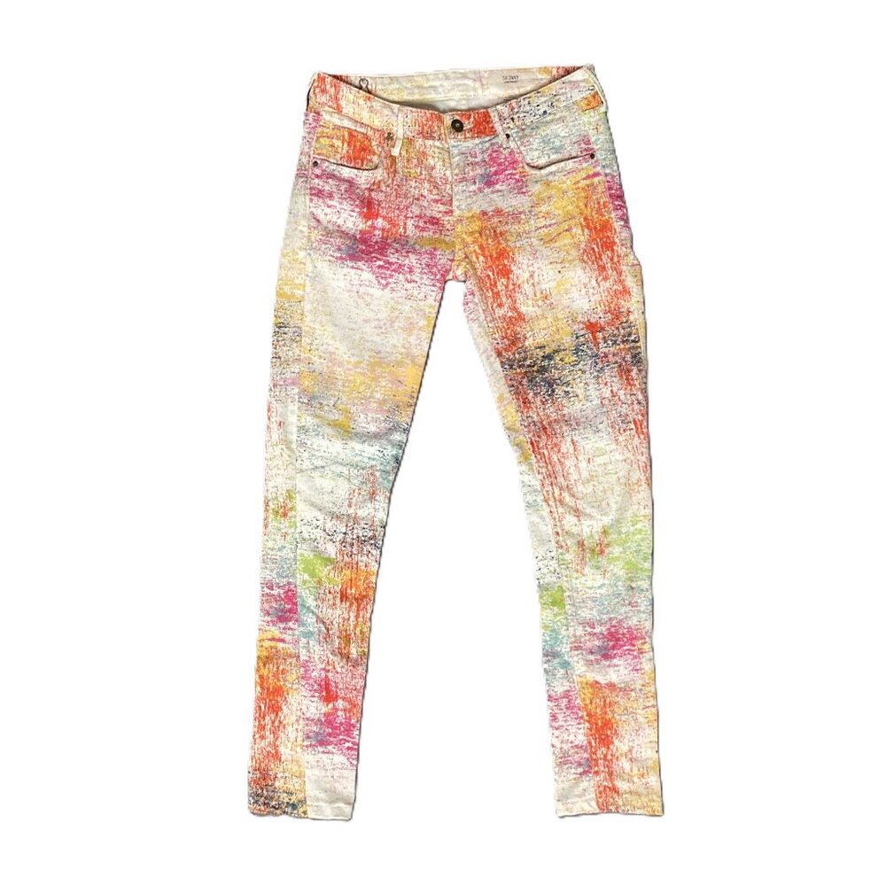 H&M Paint Splatter Skinny Jeans. Sz 26. White, Embellished w Multicolor Pattern